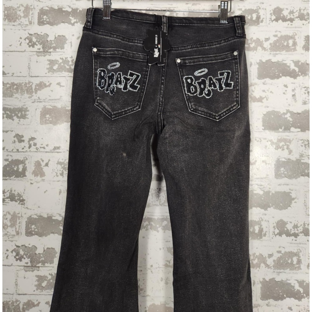 Forever 21 Bratz Flare Jeans 25 Black Y2K Rhinestone Logo Distressed Raw Hem - Picture 8 of 16